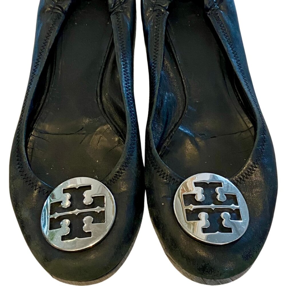 Tory Burch Black & Silver Leather Ballerina Flats Size 10